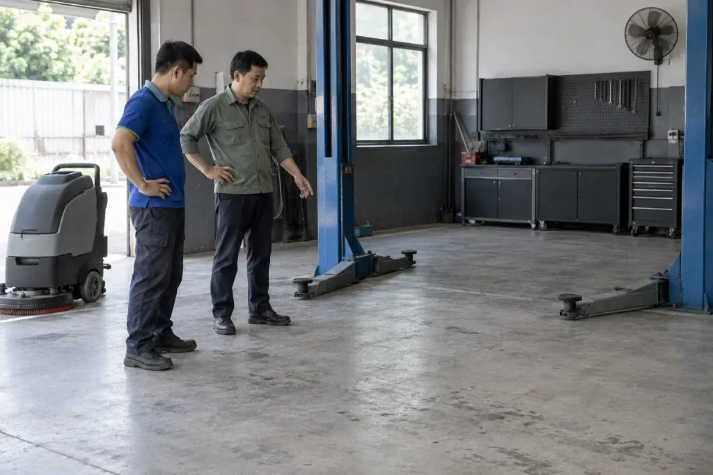 Ảnh minh họa kỹ thuật viên và quản lý gara kiểm tra nền khoang sửa trống cạnh thiết bị đã nghỉ