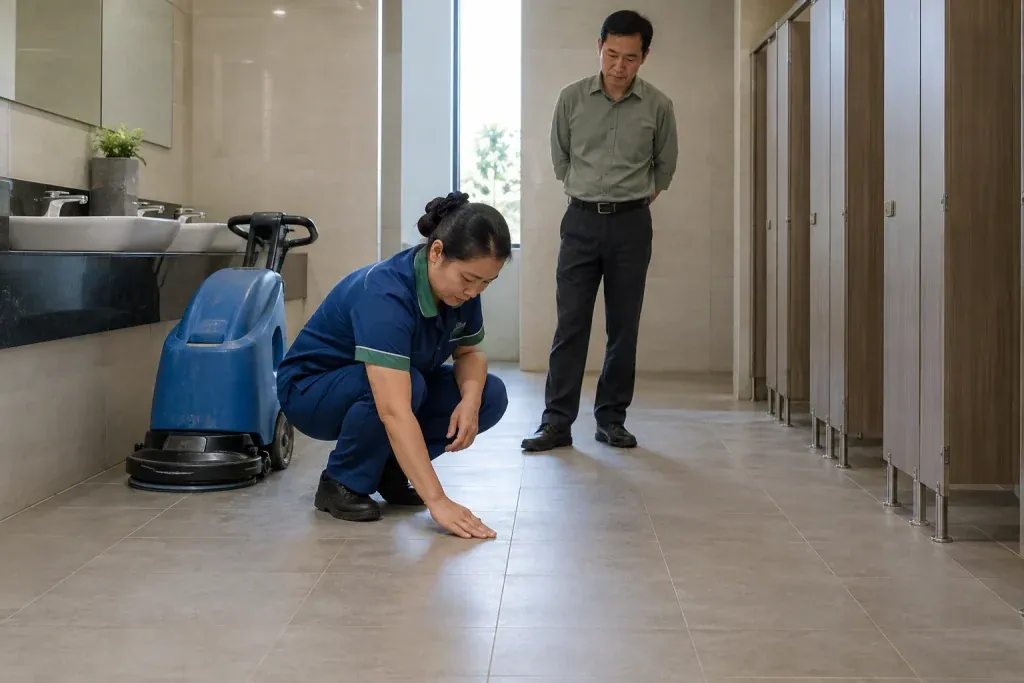 Ảnh minh họa kỹ thuật viên kiểm tra nền nhà vệ sinh công cộng trống cùng phụ trách cơ sở