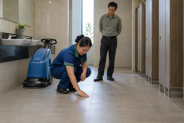 Ảnh minh họa kỹ thuật viên kiểm tra nền nhà vệ sinh công cộng trống cùng phụ trách cơ sở