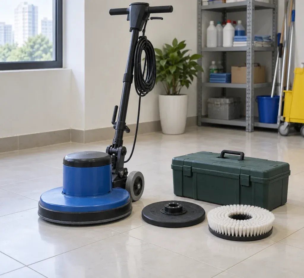 Ảnh minh họa máy chà sàn đơn cùng bàn chải và mâm giữ pad trong phòng thiết bị