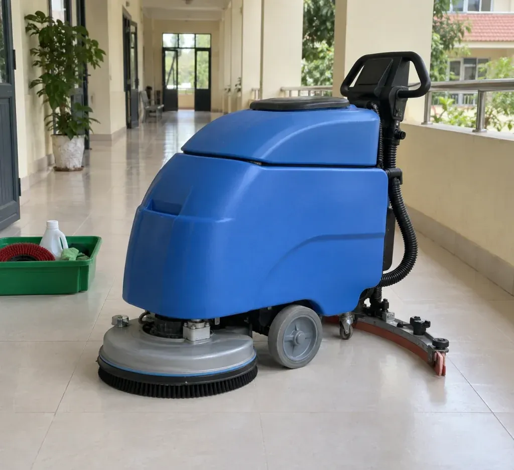 Ảnh minh họa máy chà sàn liên hợp đẩy tay với đầu chà và bộ gạt hút phía sau