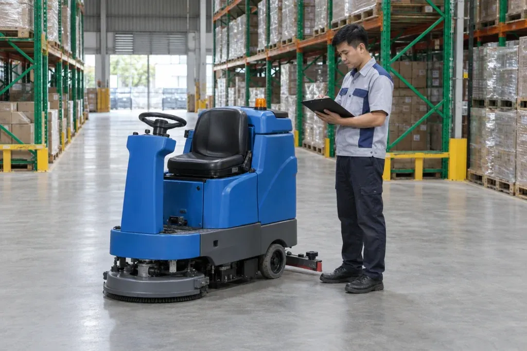 Ảnh minh họa máy chà sàn ngồi lái và kỹ thuật viên kiểm tra tuyến kho