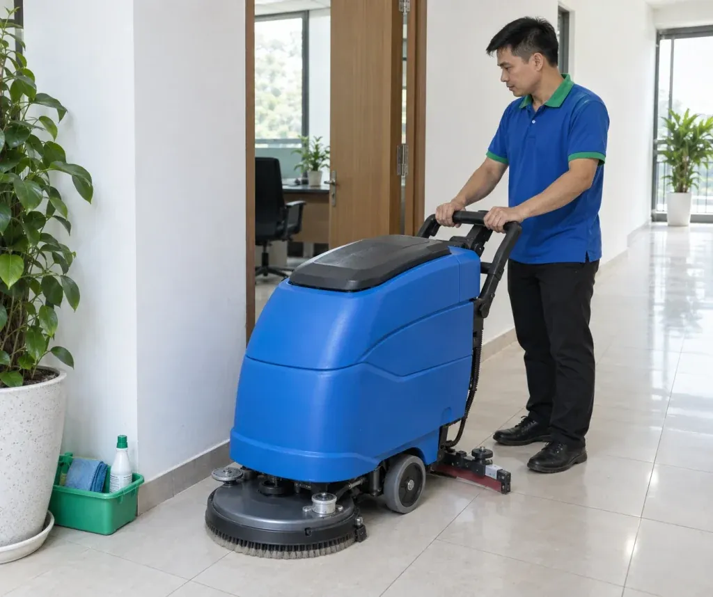 Ảnh minh họa người vận hành kiểm tra khoảng qua cửa cho máy chà sàn đẩy tay