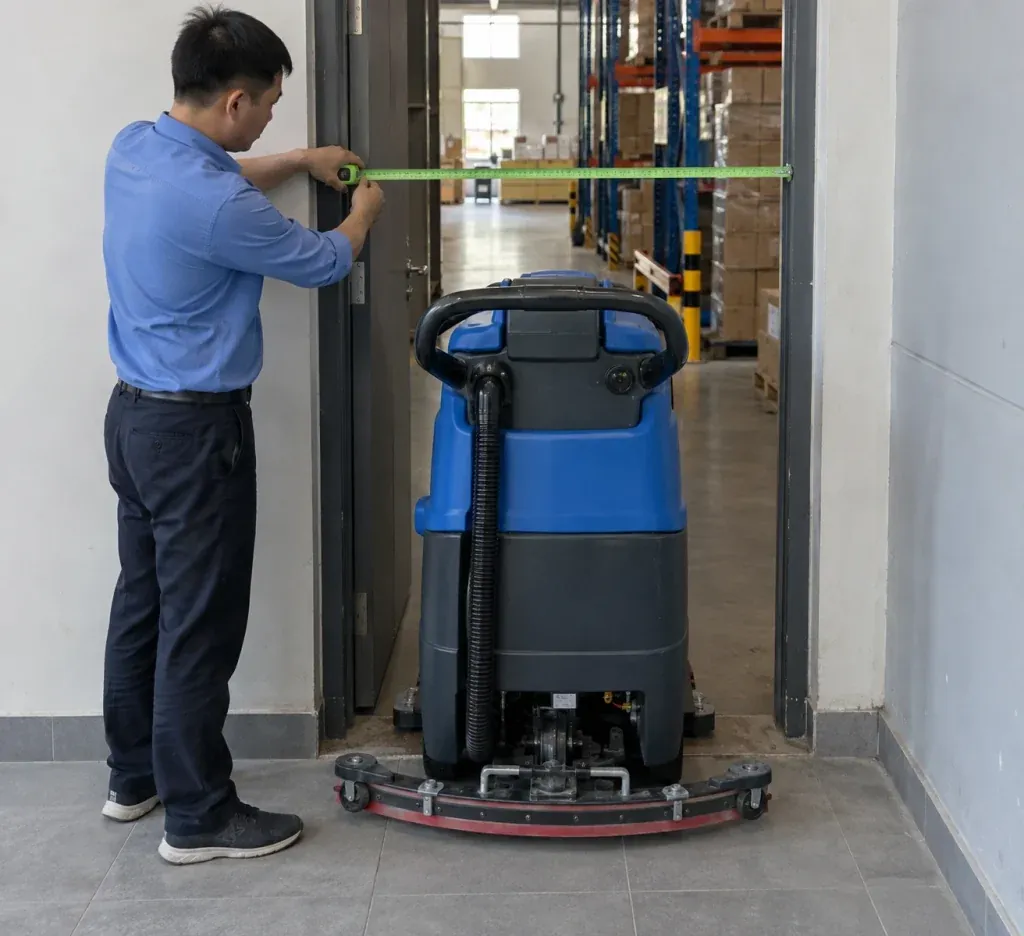 Ảnh minh họa đo cửa và khoảng vận hành trước khi chọn máy chà sàn