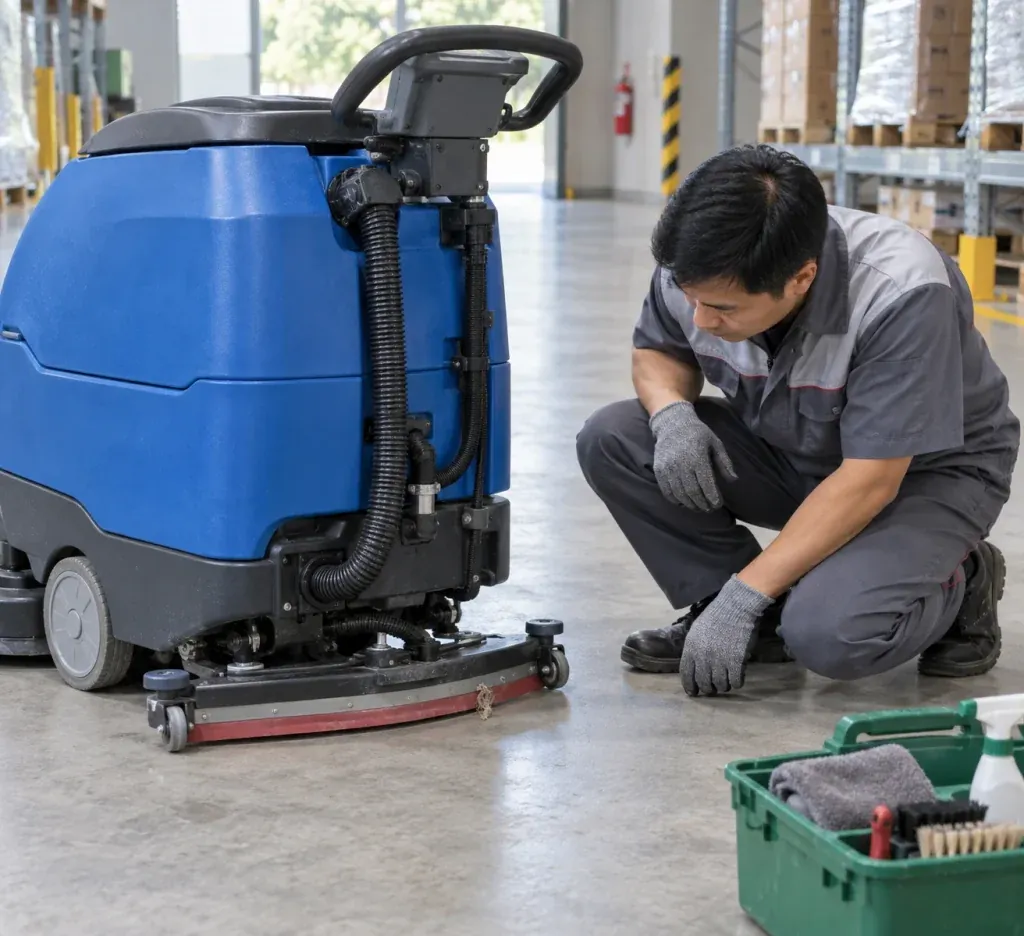 Ảnh minh họa kiểm tra vật mắc ở mép gạt máy chà sàn đã dừng