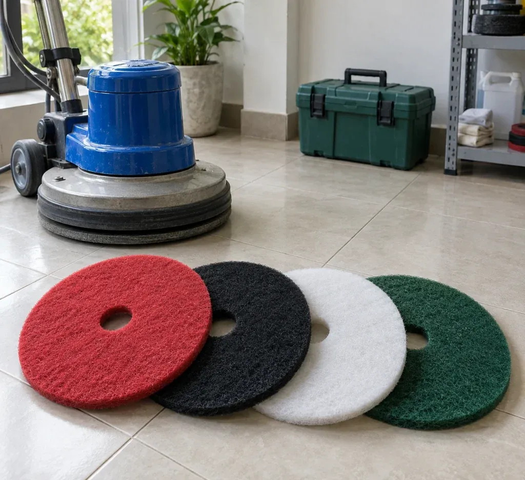 Ảnh minh họa pad đỏ, đen, trắng và xanh cạnh mâm giữ của máy chà sàn