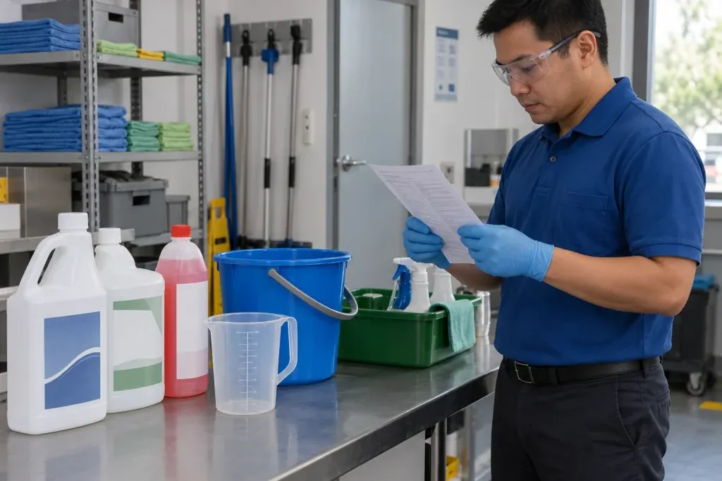 Ảnh minh họa kỹ thuật viên đọc hướng dẫn trước khi chuẩn bị hóa chất chà sàn