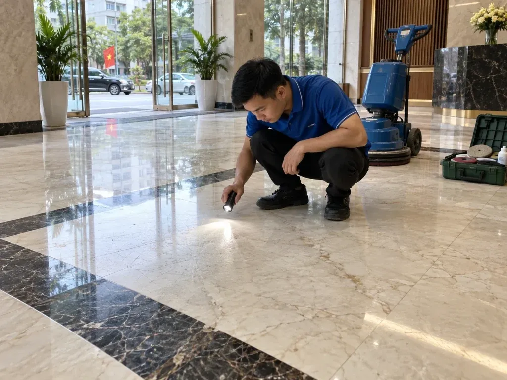 Ảnh minh họa khảo sát dấu xước trên nền Marble có viền Granite