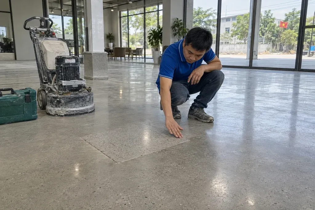 Ảnh minh họa kiểm tra hoàn thiện mẫu trên nền bê tông có cốt liệu lộ nhẹ
