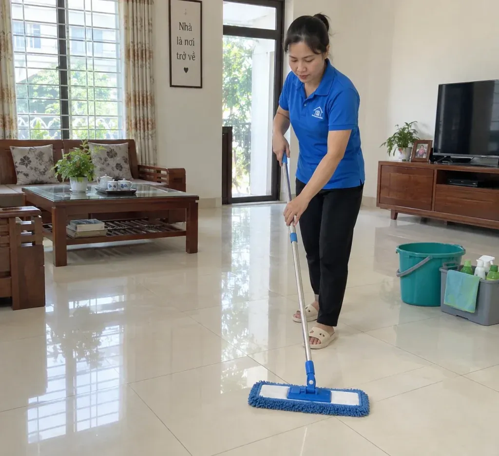 Ảnh minh họa chăm nền Porcelain bóng bằng dụng cụ microfiber sạch
