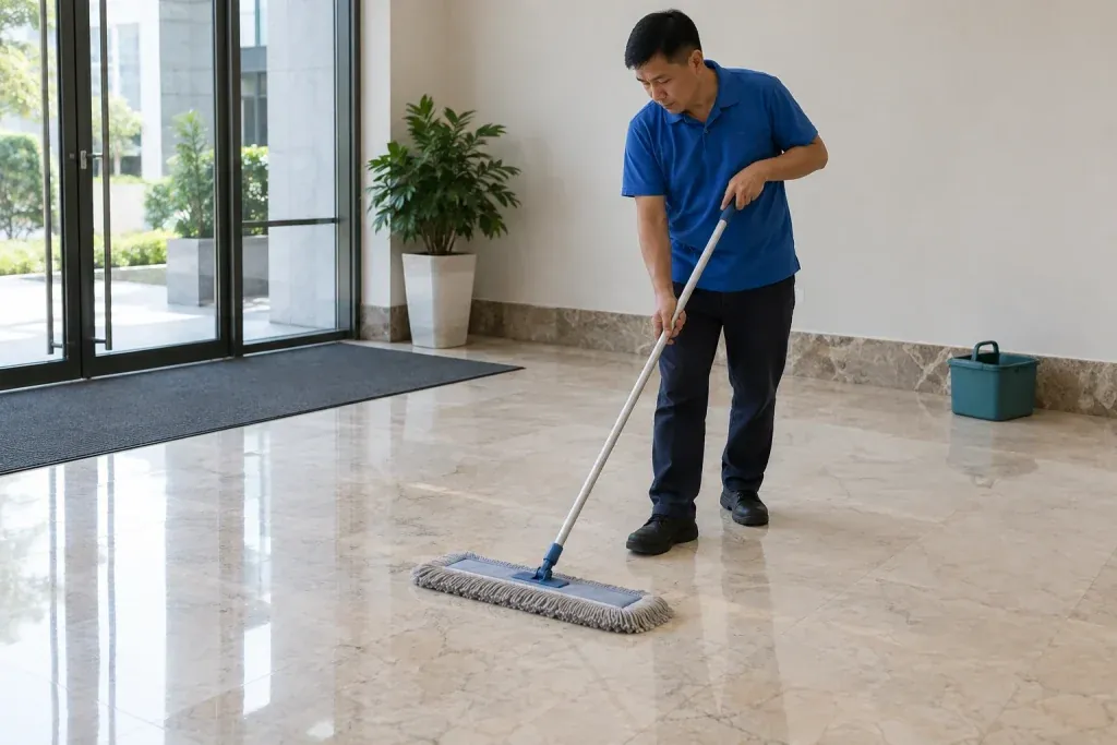 Ảnh minh họa AI nhân viên thu bụi trên sàn đá đã hoàn thiện cạnh thảm cửa