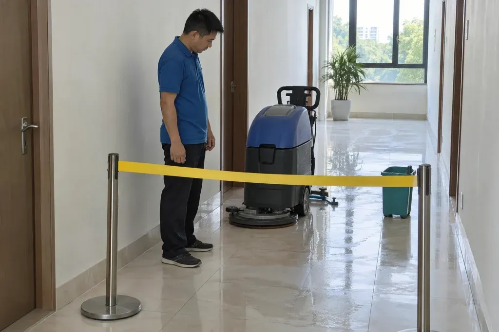 Ảnh minh họa AI vùng chà sàn được phân cách và kiểm tra cạnh máy liên hợp
