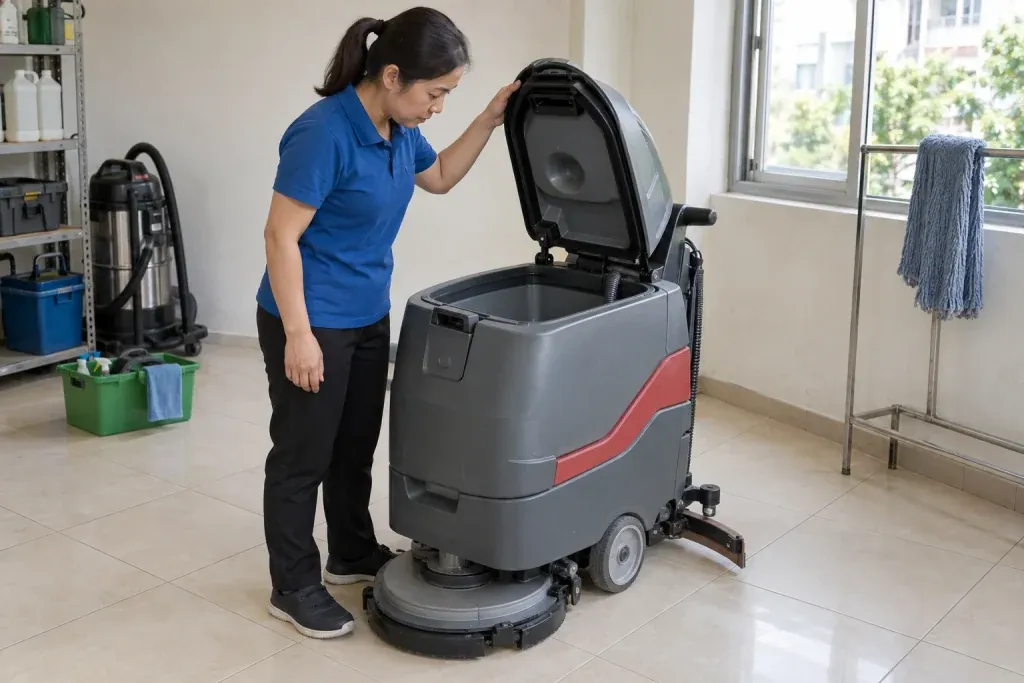 Ảnh minh họa AI kiểm tra bình thu hồi máy chà sàn tại khu cất dụng cụ