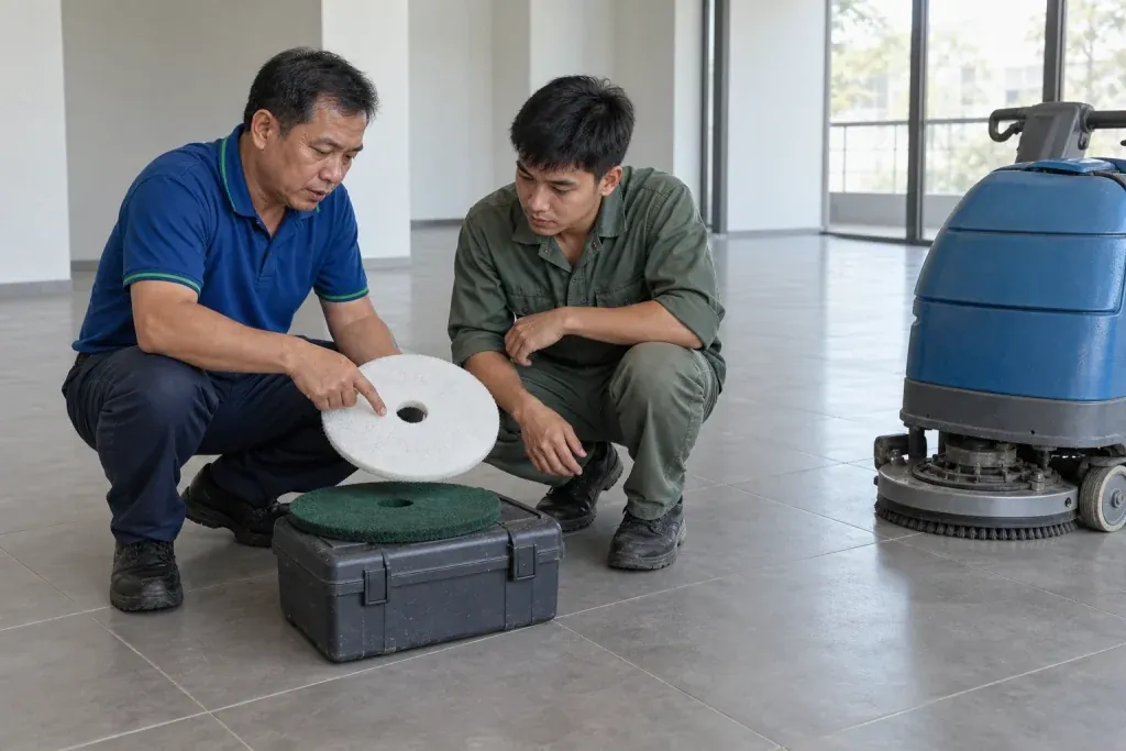 Ảnh minh họa kỹ thuật viên hướng dẫn đồng nghiệp đối chiếu phụ kiện và một vùng thử trên nền khô