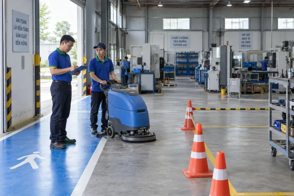 Ảnh minh họa hai nhân viên lập phương án chà sàn theo khu vực trong nhà xưởng