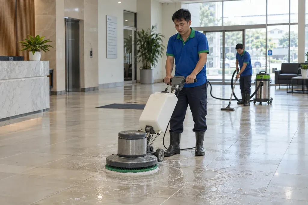Ảnh minh họa kỹ thuật viên phối hợp chà nền và thu hồi nước bẩn trong sảnh