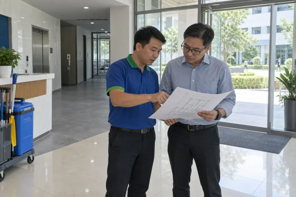 Ảnh minh họa quản lý cơ sở và nhân viên vệ sinh đối chiếu sơ đồ tại sảnh tòa nhà