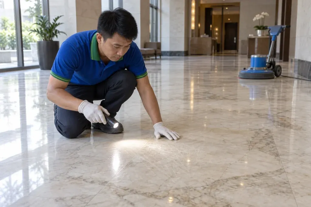 Ảnh minh họa kỹ thuật viên kiểm tra bề mặt đá và dấu xước trước khi lập phương án phục hồi