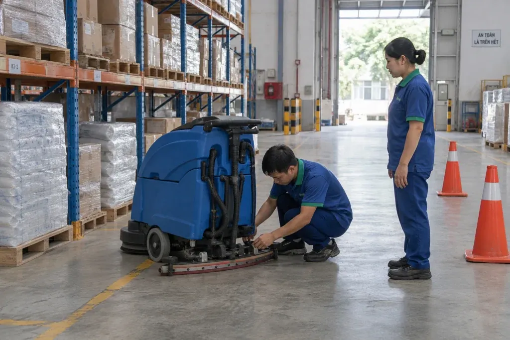 Ảnh minh họa nhân viên kiểm tra thiết bị và chuẩn bị vùng làm sạch trong kho công nghiệp