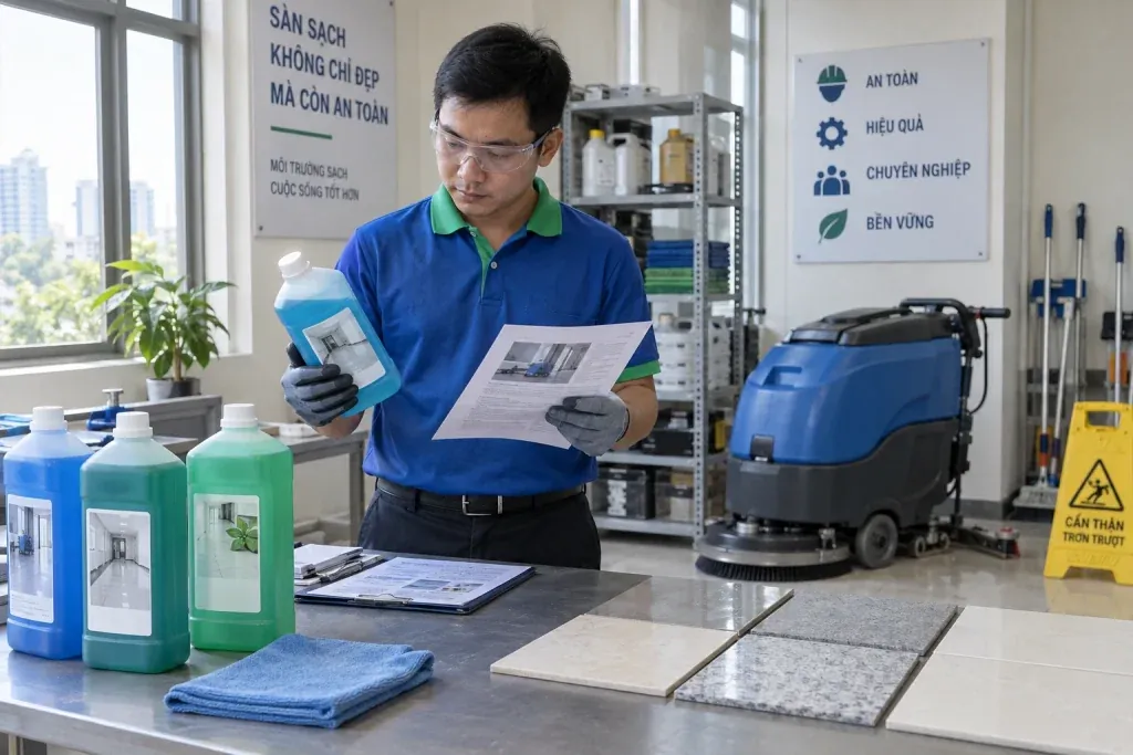 Ảnh minh họa kỹ thuật viên đối chiếu sản phẩm vệ sinh sàn với tài liệu và mẫu vật liệu
