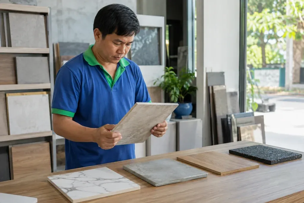 Ảnh minh họa kỹ thuật viên kiểm tra các mẫu gạch, đá và vật liệu sàn