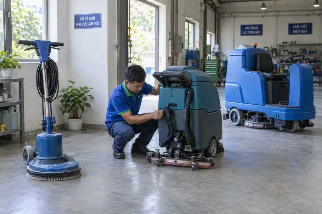 Ảnh minh họa kỹ thuật viên kiểm tra máy liên hợp cạnh máy chà đơn và máy ngồi lái