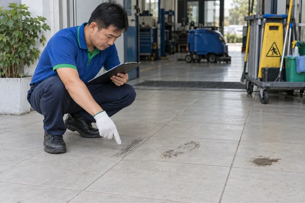 Ảnh minh họa kỹ thuật viên khảo sát dấu bánh xe và lớp bẩn trên sàn gạch
